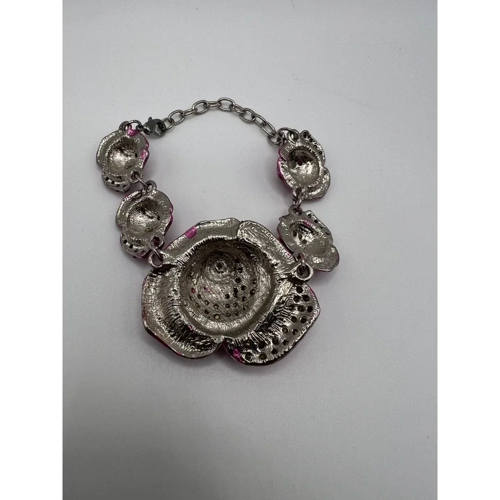 Pink Shimmery 3D Metal Flower Link Bracelet Y2K Coquette Boho Pink Metal